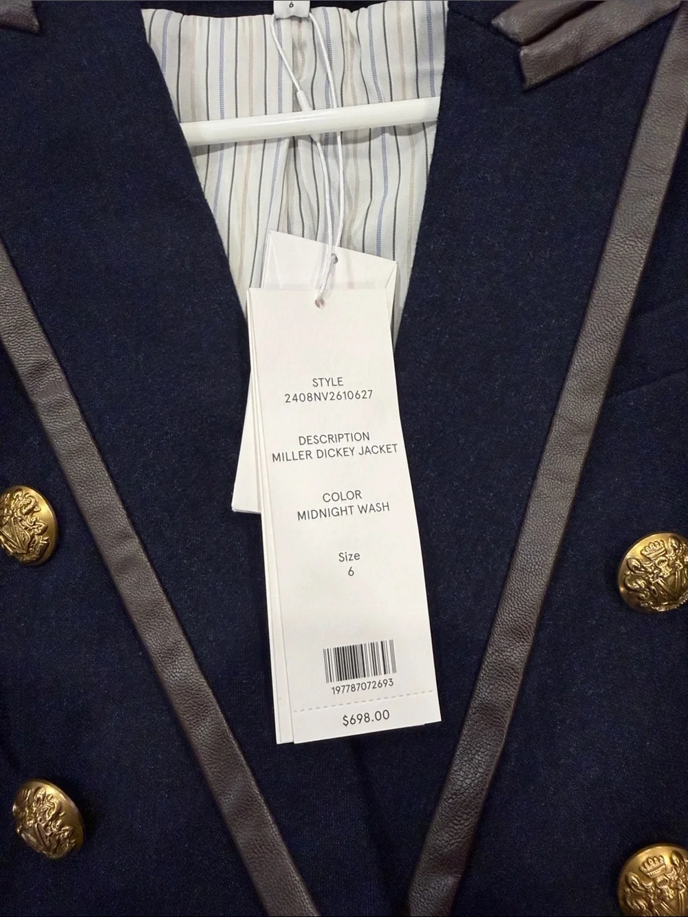 Veronica Beard Navy Blazer with Gold Buttons and Brown Trim - Picture 3 of 5